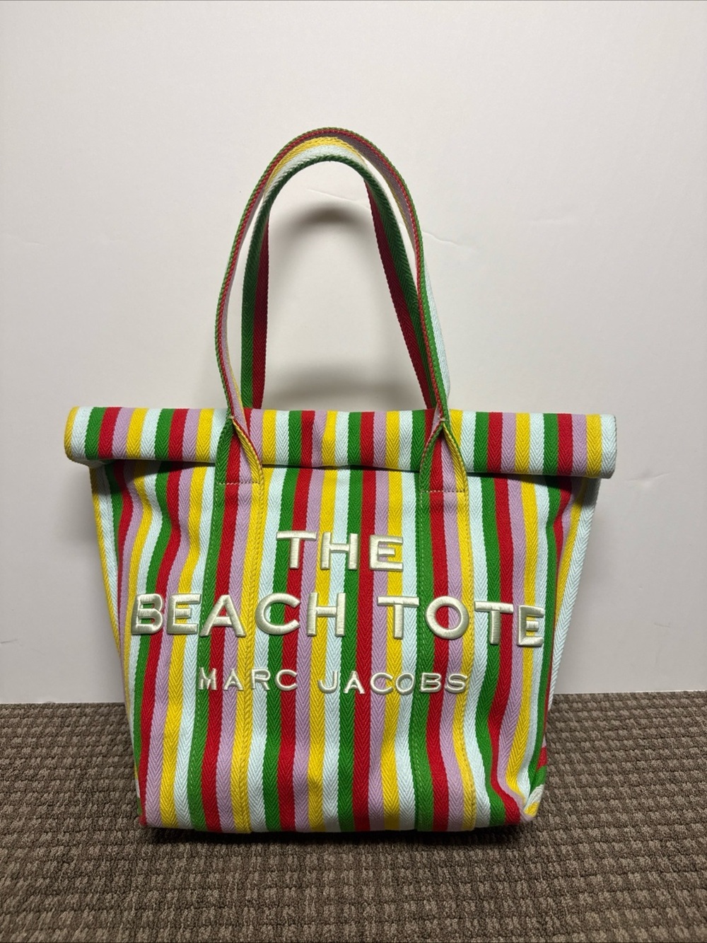 Marc Jacobs The Beach Tote Bag Red/White/Green/Yellow/Pink Stripes Excellent
